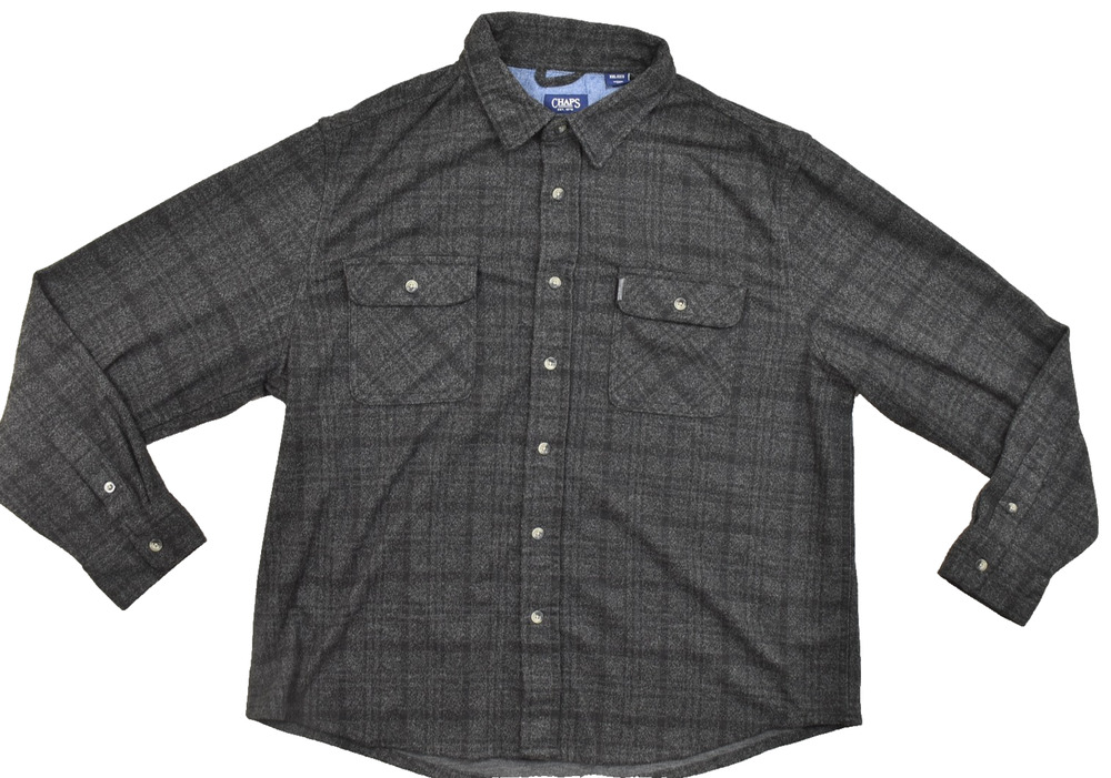 Chaps Mens XXL Charcoal Gray Plaid Flannel Button Down Shirt Stretch Long Sleeve